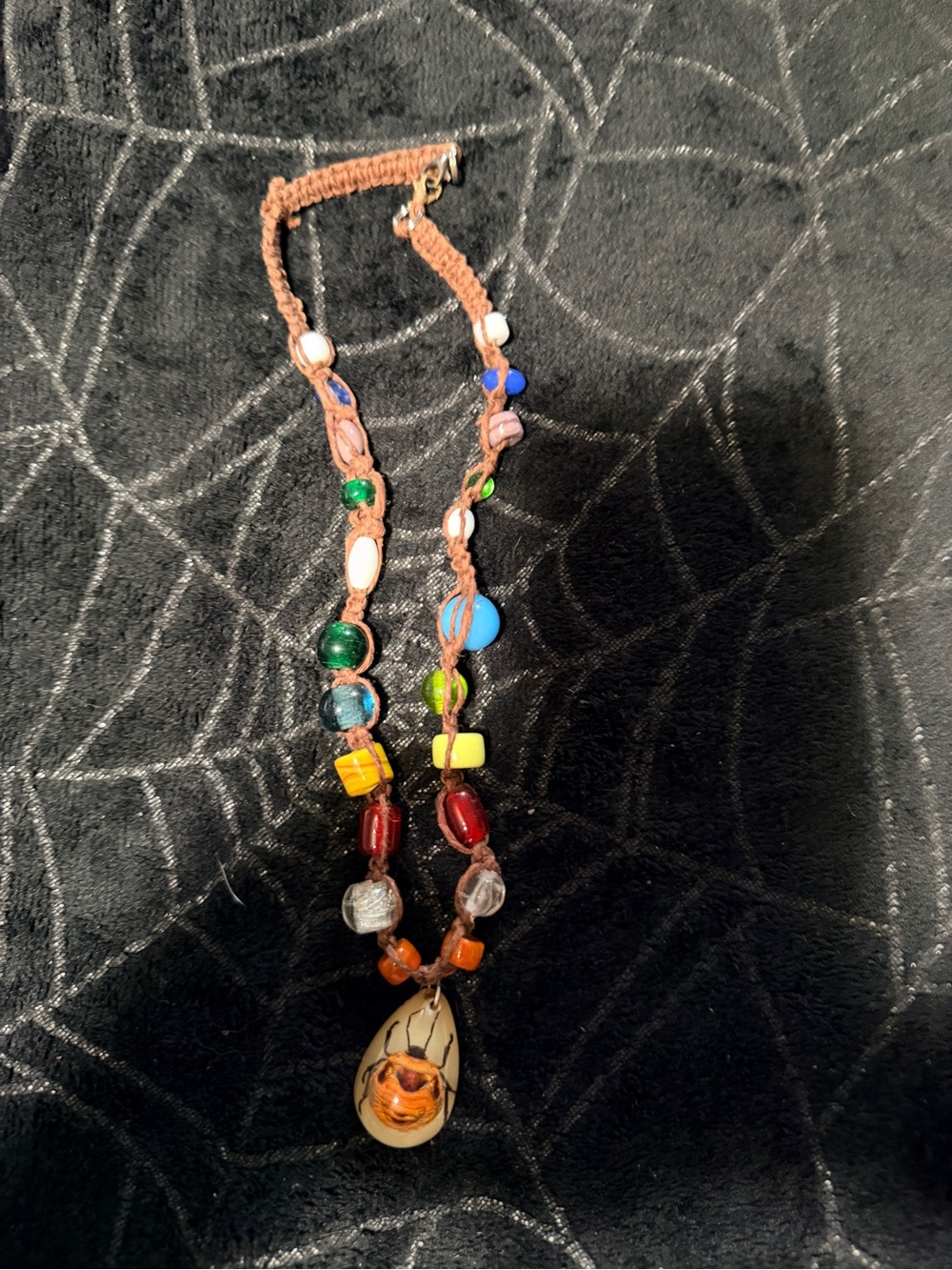 Handmade Multicolor Beaded Pendant Necklace with Beige Carved Pendant